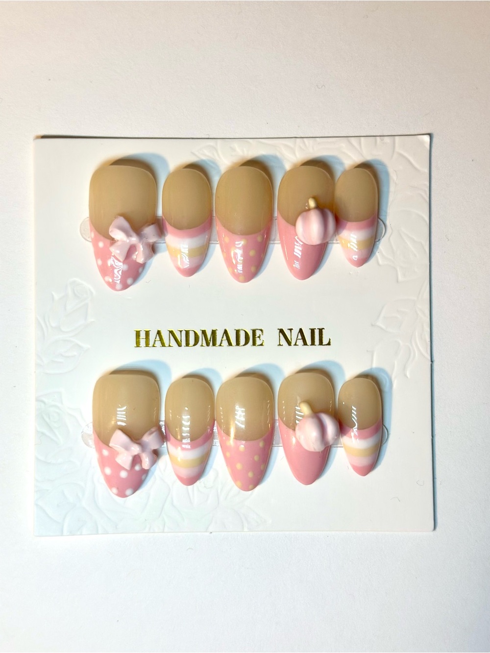Handmade Pink Polka Dot & Stripe with 3d pumpkin Press-On Nails